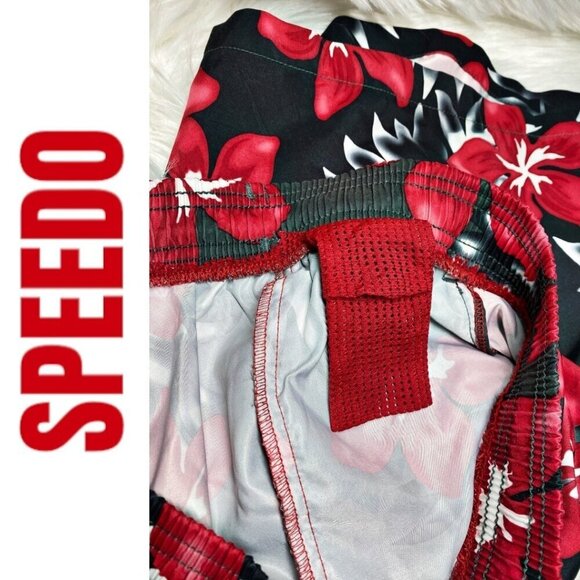 SPEEDO Men's Board Shorts Swim Trunks Black Red Hawaiian Floral, Size M - Picture 6 of 9
